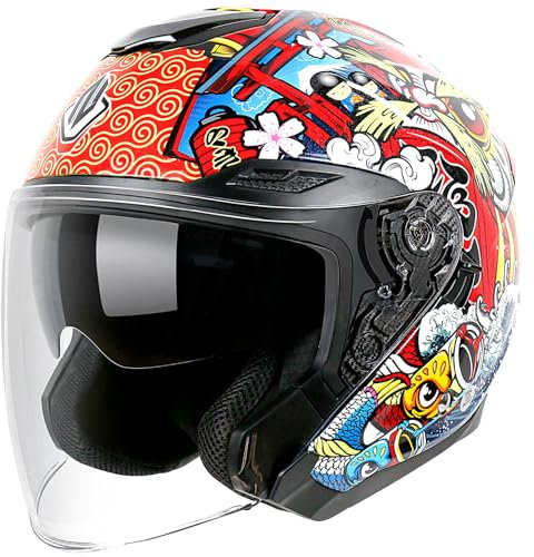 NENKI Casco Jet Moto Aperto Scooter ,Caschi Motorino Vintage ECE 22.06 Omologato Donna Uomo con Doppia Visiera Parasole