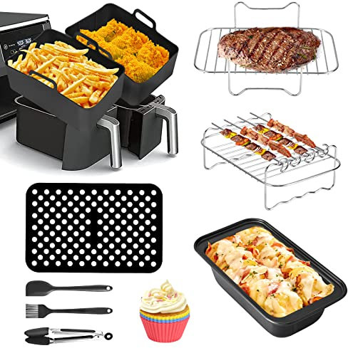 Vusddy 10-teiliges Heißluftfritteusen Zubehör für Ninja Foodi Dual AF400EU, AF500EU, AF300EU - Doppelkammer Airfryer Accessories XL Set für Innsky, Princess, Tiastar, Devology, Emerio 7,6L-10,4L