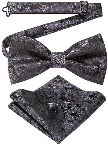 JEMYGINS Paisley fluga och näsduk med manschettknappar set för män, Mörkgrå, M