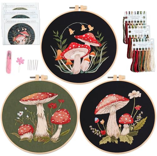 Myfelicity 3 set di kit da ricamo a forma di fungo, per adulti e principianti, kit di aghi fai da te, pratico set da cucito