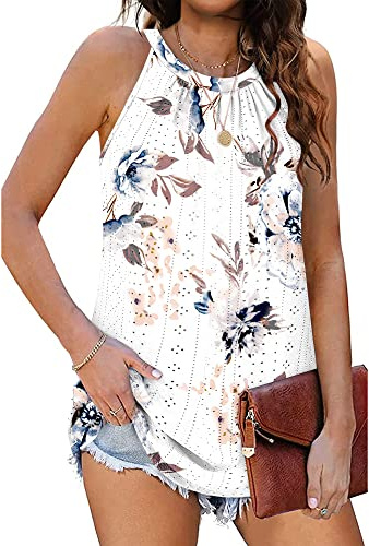 WNEEDU Damen Tank Tops Elegante Neckholder Oberteile Sommer Ärmellose Tanktop Blusen Top Shirts Florales Weiß M