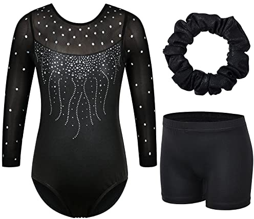 ZNYUNE Mädchen Gymnastikanzug 3er Set Kinder Glänzende Turnanzug mit Strasssteine B272 Black 16A