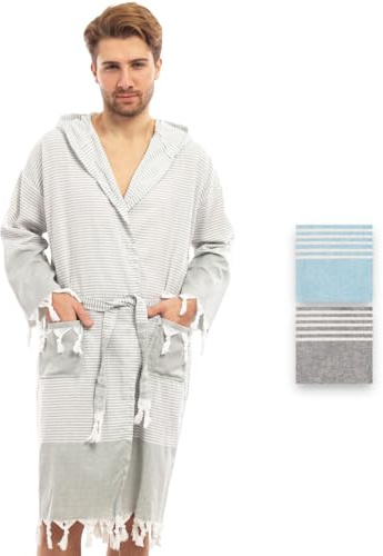 Badrock av hamam-handduk, bastuhandduk, för män, för ultimat lyx, med bälte och huva – lång form män, kaki, M (Stor)