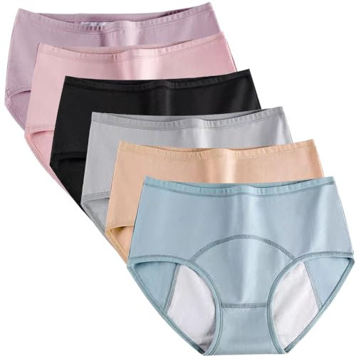 Hornice 6er-Pack Periodenunterschwäsche Damenunterwäsche DREI Schichten Auslaufsicher Unterwäsche aus Baumwolle Slip der Menstruation und im Wochenbett, Mehrfarbig/4XL