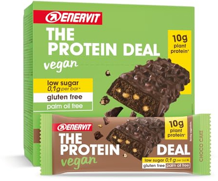 Enervit The Protein Deal Choco Cake Vegan, Barritas Proteicas, Sabor Chocolate Negro, Snack Delicioso, Vegano, 10g de Proteínas, 0,1g de Azúcares, Sin Gluten, 12 Barritas de 40g