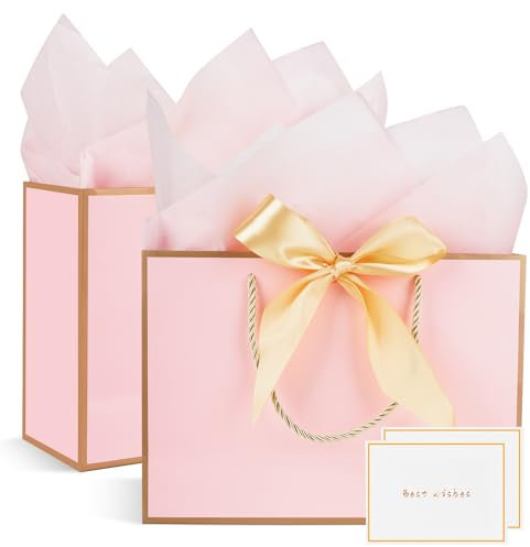 2 Stück Geschenktüten mit Verpackungen und Karten, Papier-Einkaufstaschen für Frauen & Männer – 20 x 10 x 28 cm (Rosa-Gold)