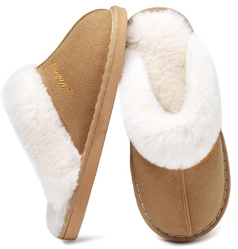 Donpapa Slippers Women Men With Memory Foam Fluffy Winter Ladies Cosy Warm Anti-Slip Plush Fleece Lined House Shoes Indoor Outdoor Chestnut 3.5-5