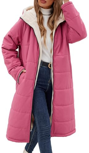 Tuopuda Damvinterrockar lång vinterjacka varm vinter fleece fodrad sweatjacka jacka rock parkas jacka med huva teddyfleece quiltad jacka övergångsjacka vinterparkas quiltad kappa, ROSA, XXL
