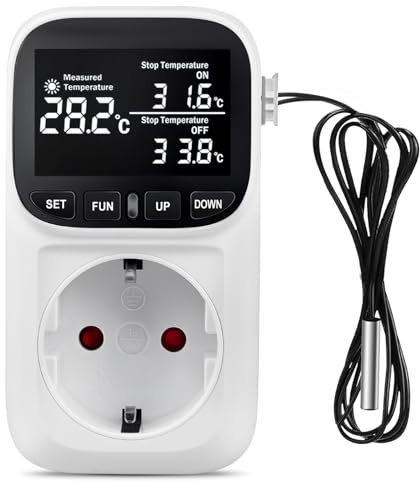 Digitaler Temperaturregler Steckdose, 230V Thermostat Steckdosen mit NTC-Sonde, Feuchtigkeitsregler Steckdosenthermostat Heizung Kühlung Temperaturschalter für Gewächshaus Aquarium Reptilien