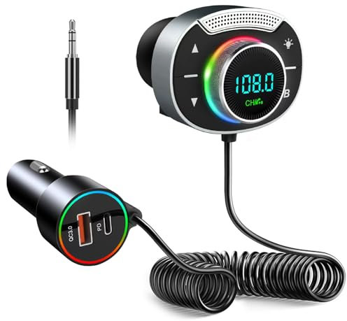 Trasmettitore FM Bluetooth 5.3 per Auto, [Bassi & Hi-Fi Stereo] Con PD 30W & QC3.0 18W, Adattatore Radio Vivavoce Car Kit, Supporta TF & Assistente Vocale, Aux