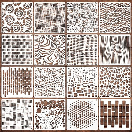 16 Pcs Stencils for Painting Reusable 6 X 6 Inch Texture Mixed Template Paint Art Crafts Stencils Geometric Patterns Brick Wall Stencil Spirals Cubist Templates for DIY Canva Scrapbooking Card Making