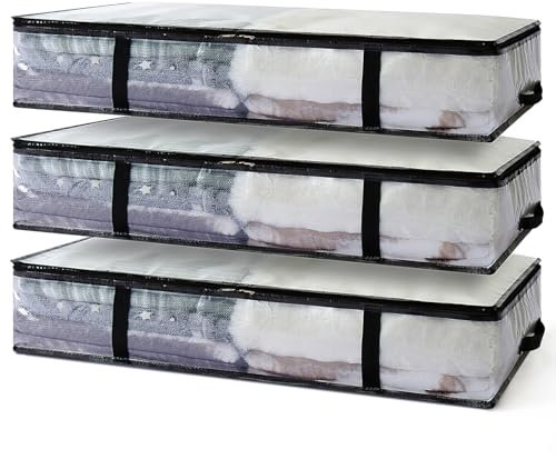 Auveir Unterbett Aufbewahrungsbox 3er Set, 90L Faltbare Aufbewahrungstasche mit Deckel und Transparentem Fenster, Unterbettkommode für Kleidung, Bettdecken und Bettwäsche