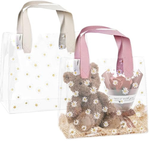 IETWATE 2 Pezzi Sacchetti Regalo in Plastica Trasparente, Sacchetti Regalo Trasparenti in PVC con Maniglie, Sacchetto Regalo con Motivo a Margherita per Matrimonio, Compleanno, Baby Shower