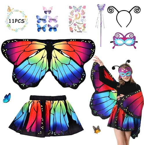 Aragallant Schmetterling Kostüm Kinder, Schmetterlingsflügel Doppelseitig Mädchen mit Rock, Schmetterling Umhang mit Zauberstab Maske Haarreif, Karneval Kostüm für Mädchen