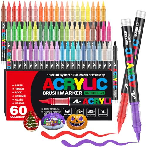 Gelanty rotuladores acrilicos, 60 colores marcadores acrílicos con Punta de Pincel Flexible, Líquido Directo acrylic brush markers para Pintura sobre Roca, Cerámica, Madera, Vidrio
