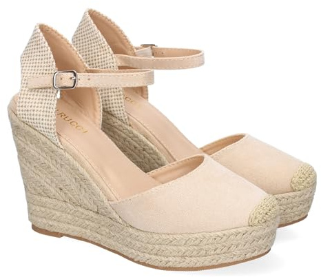 shoes&blues.es 91871 Sandalia de Cuna de Yute para Mujer, Comodas y Elegantes, Diseno Moderno con Punta Bordada y Cierre de Hebilla, Ideales para Primavera-Verano. Beige Talla 38