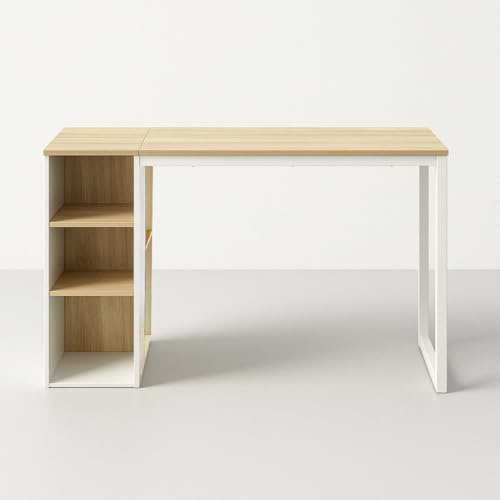 39F Furniture Dream Mesa de Dibujo para Oficina en casa con estantes de Almacenamiento, Parte Superior de Efecto Madera y Marco de Metal Blanco para Estudio, Dormitorio u Oficina, 120 x 55 x 75 cm