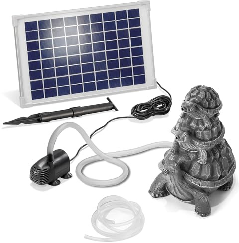 Esotec Solar Wasserspeier Set Schildkröten Trio Solarbrunnen Garten 101686 | 10Wp Solarmodul, 610l/h, IP68 Pumpe, 1,5m Förderhöhe, 5m Kabel, H24cm, Teichdeko, Polyresin, 18VDC, IP54