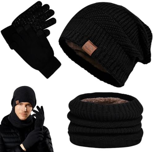 Tbintul Sombrero de Gorrita Tejida, Bufanda, Guantes de Pantalla táctil 3 en 1, Invierno, Forro Suave, Gorro de Punto Cálido, Unisex, Bufanda de Punto Grueso (Negro)