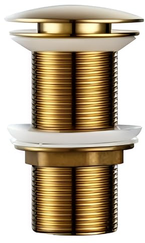 Unslotted Basin Sink Waste, Gold Pop Up Waste Plug Without Overflow Click Clack Push Button Bathroom Sink Plug Replacement Efficient Drainage Easy Installation for Bathroom Basin Vessel Sinks