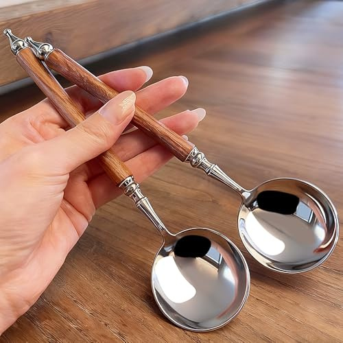 4 Stück Retro Französische Löffel 18.5CM Rundes Teelöffel Imitation Holzgriff Kaffeelöffel Edelstahl Espressolöffel Suppenlöffel Esslöffel Dessertlöffel Für Zuhause Küche Restaurant Hochzeit Party