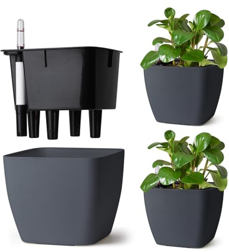 T4U 3-Pack Fyrkantig Självvattnande Kruka 17,5 Cm Med Vattennivåindikator, Blomkruka För Nybörjare Och Upptagna Personer, Självvattnande För Murgröna Och Pothos, Inne- Och Utomhusbruk (Grå)
