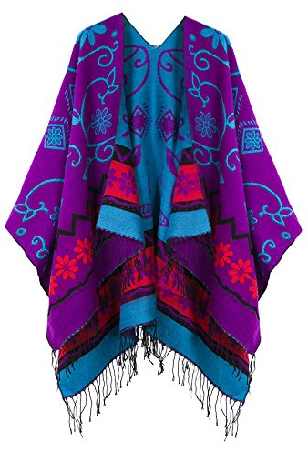 Schicker Damenponcho, Vintage-Umhang mit Schal und Quasten, traditionelles Muster Gr. One size, violett