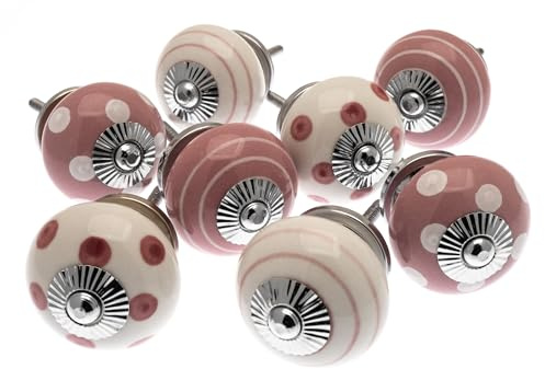 Mango Tree gemischtes Set von 8 x altrosa und weiße Punkte und Streifen Keramik-Schrankknäufe (MG-729)