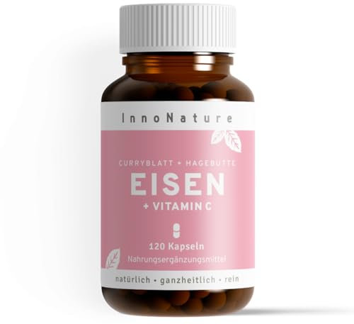 Natürliches Eisen + Vitamin C aus Curryblatt-Extrakt und Hagebutte-Extrakt. 14-28mg reines Eisen und 80-160mg Vitamin C pro Tagesdosis.120 Kapseln im 2-4 Monatsvorrat. Vegan + hergestellt in DE.