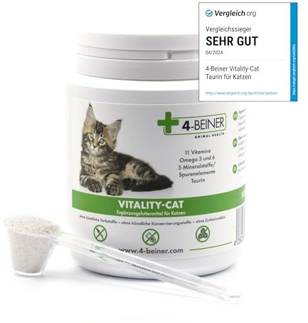 4-BEINER Vitality-CAT Vergleichssieger, 11 Vitamine für Katzen Plus Omega 3, Omega 6, Zink, Selen, Mangan, Kupfer, Eisen, Taurin, Multivitamine Katze