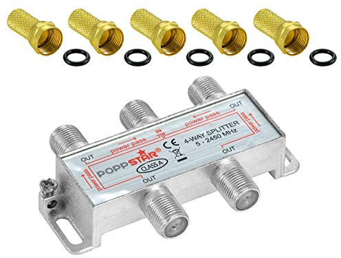 Poppstar TV-splitter, antennsplitter, F-splitter, fördelare till antenn 4-utgångar (analog/digital/BK/unicable/HD/4K) för TV, antenn, satellit, kabel, radio LNB