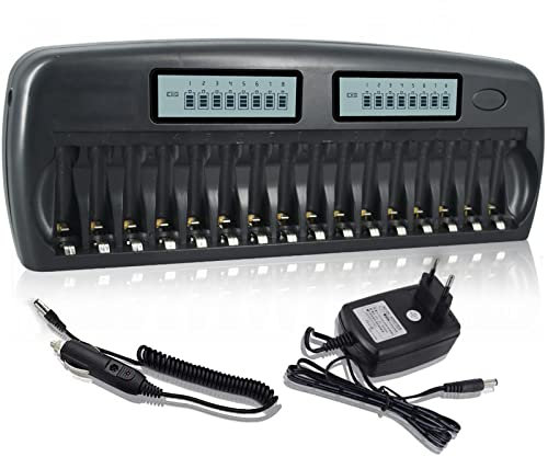 CITYORK Caricabatterie per Pile Ricaricabili AA e AAA, 16 Slot Caricabatterie per batterie AA/AAA Ni-MH/Ni-CD con display LCD intelligente e scarica, protezione IC e alimentatore di rete integrati