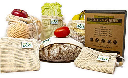 6 Sacchetti in Cotone per Frutta | Pane e Verdura | 100% Cotone Biologico Certificazione GOTS | Indicazione Tara | Robusti Sacchetti in Rete Riutilizzabili | Senza Plastica | Spesa senza Sprechi