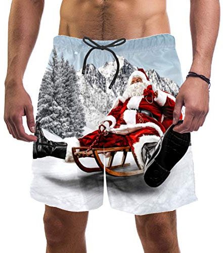 Eslifey Red Santa Claus Riding Wooden Sled Swim Trunks Elastic Swimsuit Board Shorts for Men