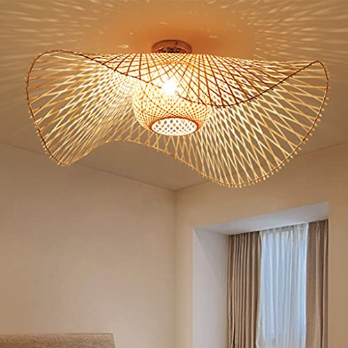 PANNN Plafonnier E27 Naturel Plafond En Bambou Rotin Vintage Country Lighting Réglable Hauteur Chapeau Abat-Jour Rétro Pendentif Lumière Couloir Lampe Chambre Salon Lampe,65cm