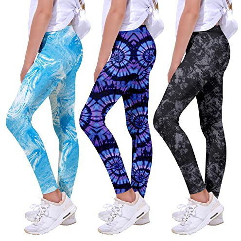 Quedoris Girls 3-Pack Printed Leggings Tie Dye Blue Dark Purple Black 120Y
