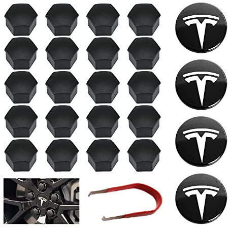 Set Coprimozzo e Copridadi Ruota Magic Select, compatibile con TESLA Model 3 Car. Kit Coprimozzo e Tappi Dadi Ruota Cerchione. (4 coprimozzi + 20 pezzi di cappuccio dado ruota)