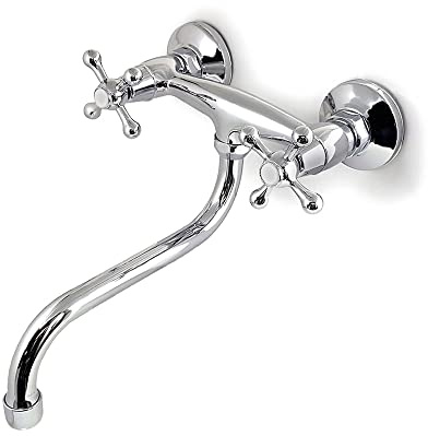 Nostalgie Retro Zweigriff Wandarmatur Auslauf lang Chrom Wasserhahn Wandmontage Waschtisch Armatur für Waschbecken