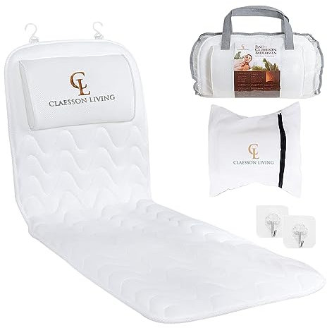 Claessonliving Full-Body Bath Pillow (17''x49'') - Bathtub Cushion with Headrest Supports Neck, Back and Legs - Free Hanging Hooks for Fast Drying Over Tub - Includes Washing and Travel Bags - White