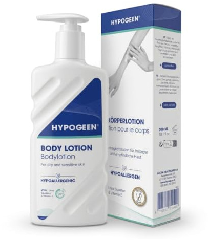 Hypogeen Körperlotion mit Urea 300 ml – Hypoallergen – Für trockene, sehr trockene & empfindliche Haut – Parfümfrei – Zieht schnell ein – 72 Stunden Feuchtigkeit