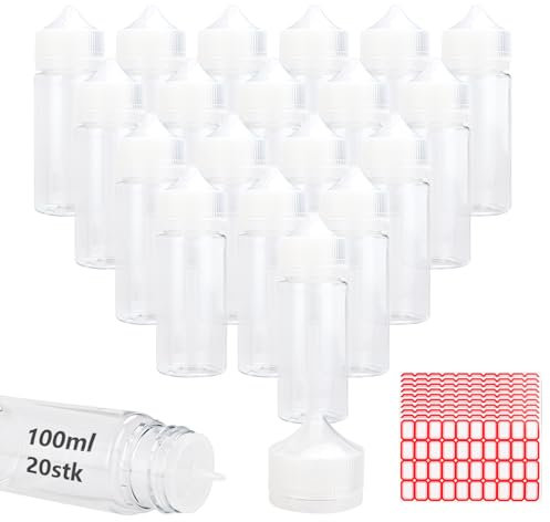 20 bottiglie da spremere, bottiglia da spremere in PET da 100 ml, bottiglia di olio in plastica con tappi e adesivi, olio di senape ketchup da forno, bottiglia per salsa per la casa