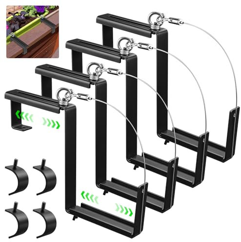 VZZNN Pflanzkastenhalterungen 4er Set, Verstellbare Fensterkästen Pflanzgefäße Haken für Deck, Blumenkastenhalter für Geländer mit Sicherheitskabel