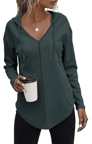 Cuptacc Hoodie Damen Langarm V Ausschnitt mit Reißverschluss Sweatshirt Damen Mit Tasche Locker Kapuzenpullover Sweatjacke Einfarbig