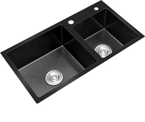 DECORN Spülbecken - Schwarzes Nano-Waschbecken aus Edelstahl - Doppelbeckenspüle mit Siebverschluss und Abflussrohr-Set – Aufsatz- oder Einbauwaschbecken,72x40cm