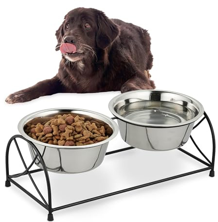 Relaxdays Ciotole Rialzate per Cani, Alzatina con 2 Scodelle in Acciaio Inox, 2,2 Litri, Supporto in Ferro, Nero Argento
