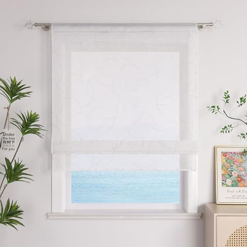 ESLIR Raffrollo mit Tunnelzug Modern Gardinen Küche Bestickt Raffgardinen Voile Transparent Bändchenrollo mit Stickerei in Kreis-Muster Braun BxH 60x140cm 1 Stück