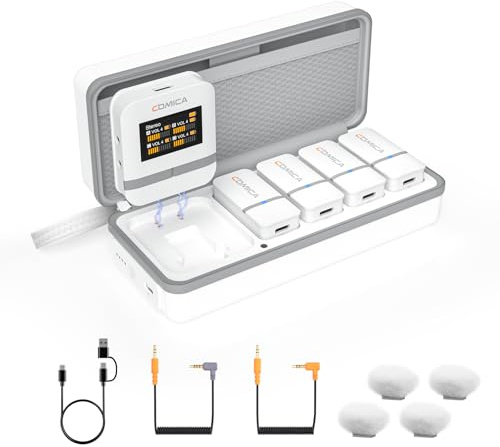 COMICA Vimo Q Wireless Lavalier Microphone with 4 Transmitters and 1 Receiver, 48kHz/24bit Audio Quality, Noise Cancellation, 16H Duration, 200M Range, Mic for DSLR Camera, iPhone, Android, PC(White)