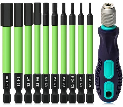 Juego de brocas Allen de impacto, juego de 10 brocas hexagonales H1.5-H10, juego de destornilladores de llave Allen de 89 mm de largo con destornillador de mango, destornillador de impacto con vástago