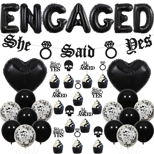 Cheereveal Gothic Engagement Party Decorations Black, Engaged Balloons, He Asked She Said Yes Banner Skull Diamond Ring Cupcake Toppers, Black Gothic Hen Party Wedding Bridal Shower Party Supplies