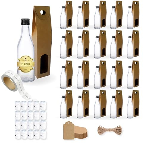 20 mini botellas de cristal de 50 ml con tapón de rosca negro, caja, etiqueta kraft, hilo y etiqueta personalizable- Lindas Alcohol 5 cl, frascos pequeños muestras de regalos, bodas